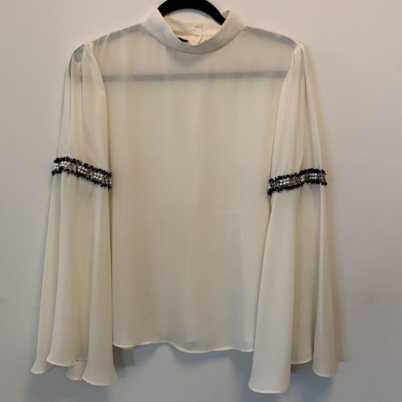 ZARA chiffon long sleeve top blouse beaded arm detail flare sleeves ivory large - Picture 2 of 13